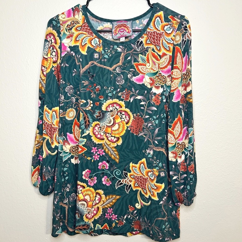 Johnny Was‎ Orizaba Puff Quarter Length Sleeve Green Floral Paisley Small